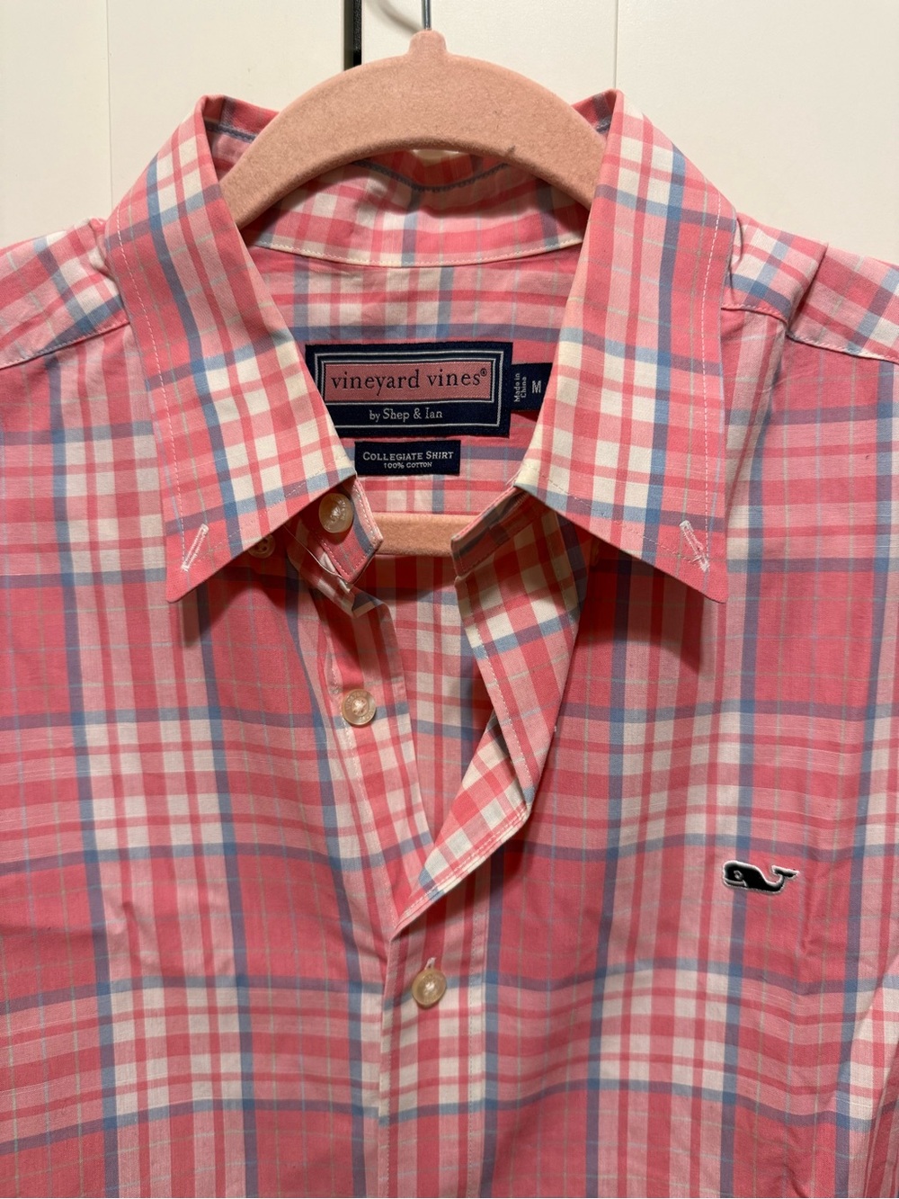 Vineyard Vines Coral Pink Plaid Button-Down Shirt with Blue Accents
